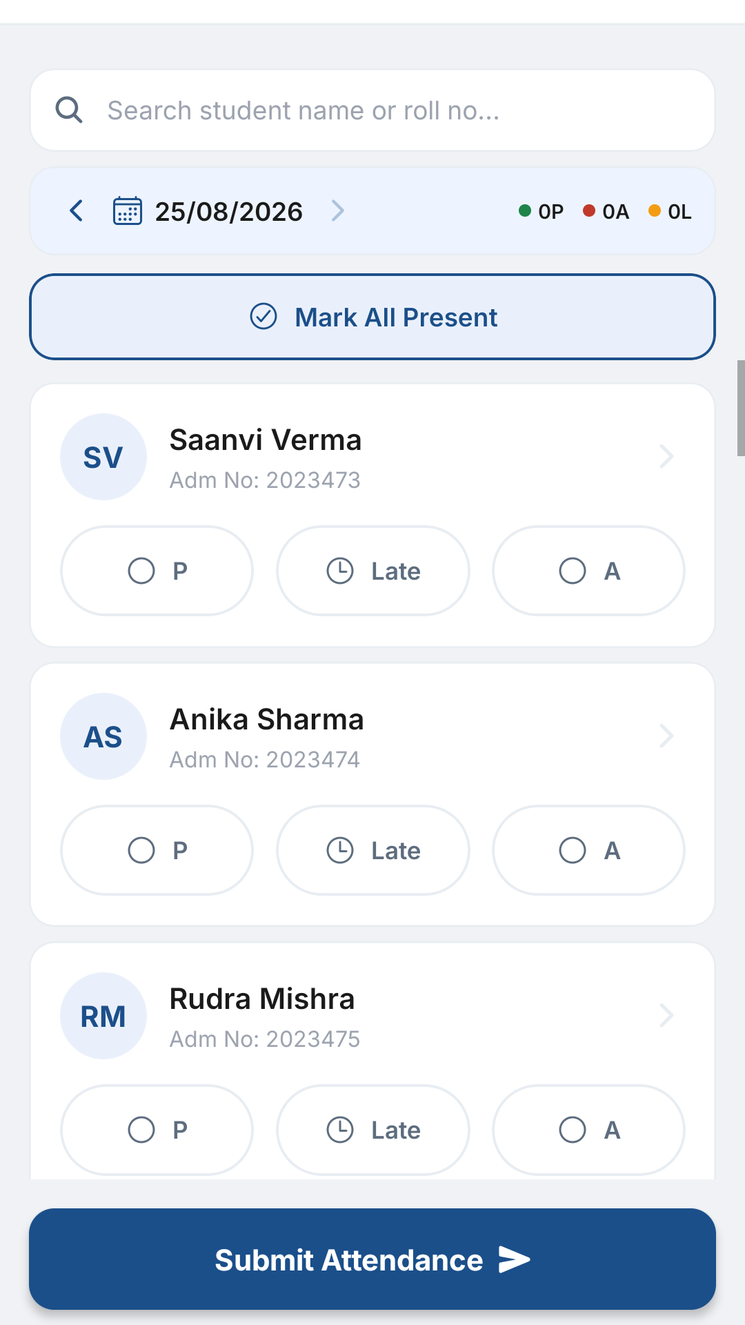 Medhark Staff app attendance roster screen